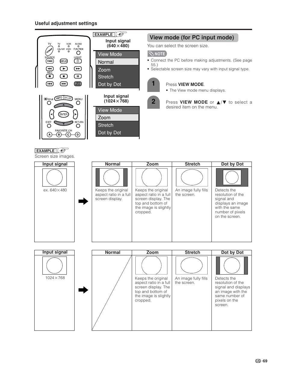 View mode (for pc input mode) | Sharp Aquos LC 32GD6U User Manual | Page 70 / 104