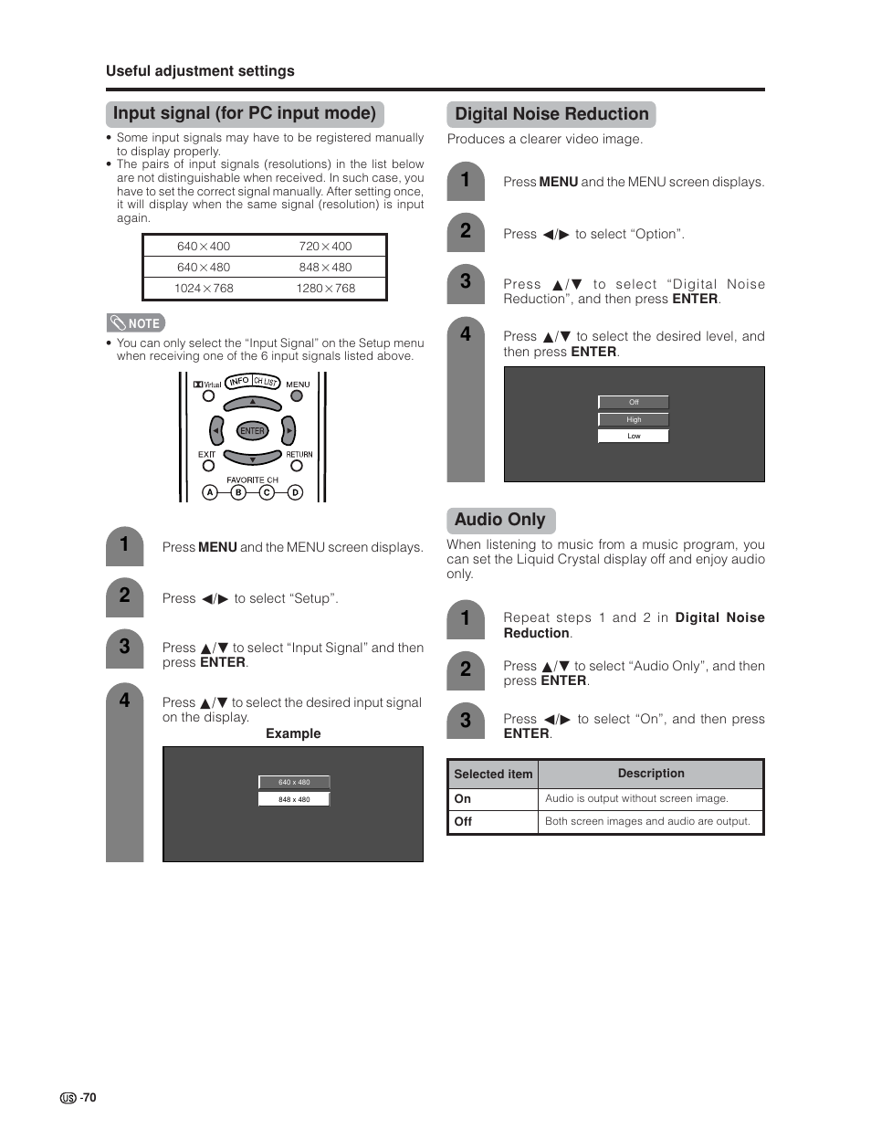 Input signal (for pc input mode), Digital noise reduction, Audio only | Sharp Aquos LC 32GD6U User Manual | Page 71 / 104