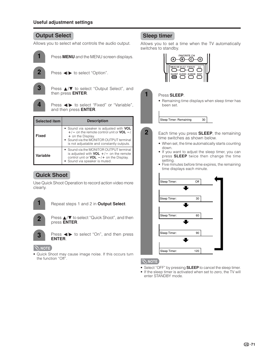 Output select, Quick shoot, Sleep timer | Sharp Aquos LC 32GD6U User Manual | Page 72 / 104