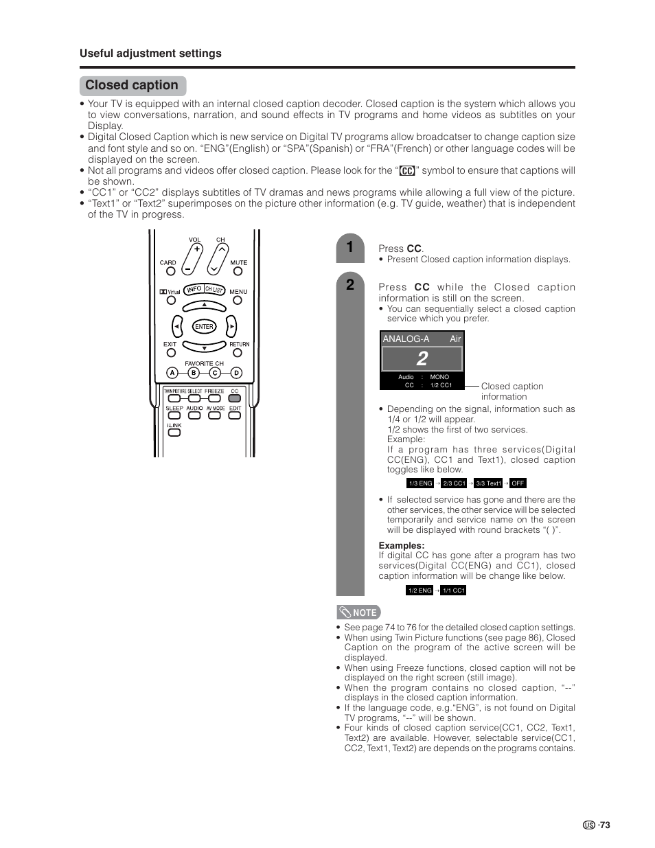 Closed caption | Sharp Aquos LC 32GD6U User Manual | Page 74 / 104