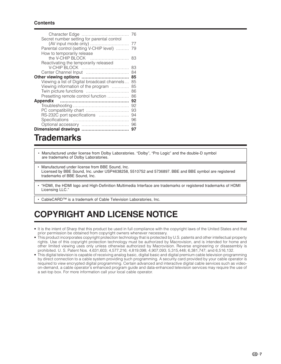 Copyright and license notice, Trademarks | Sharp Aquos LC 32GD6U User Manual | Page 8 / 104