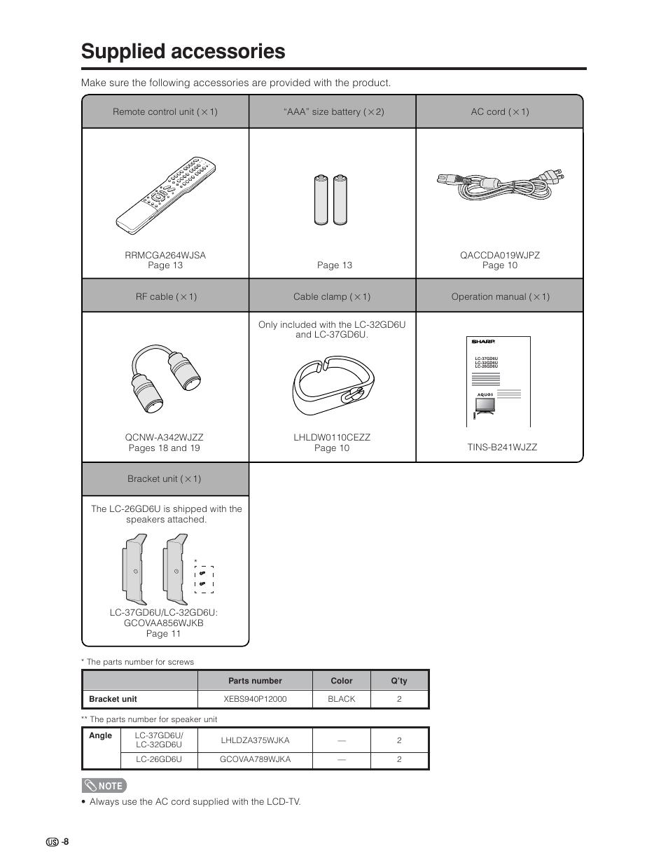 Supplied accessories | Sharp Aquos LC 32GD6U User Manual | Page 9 / 104