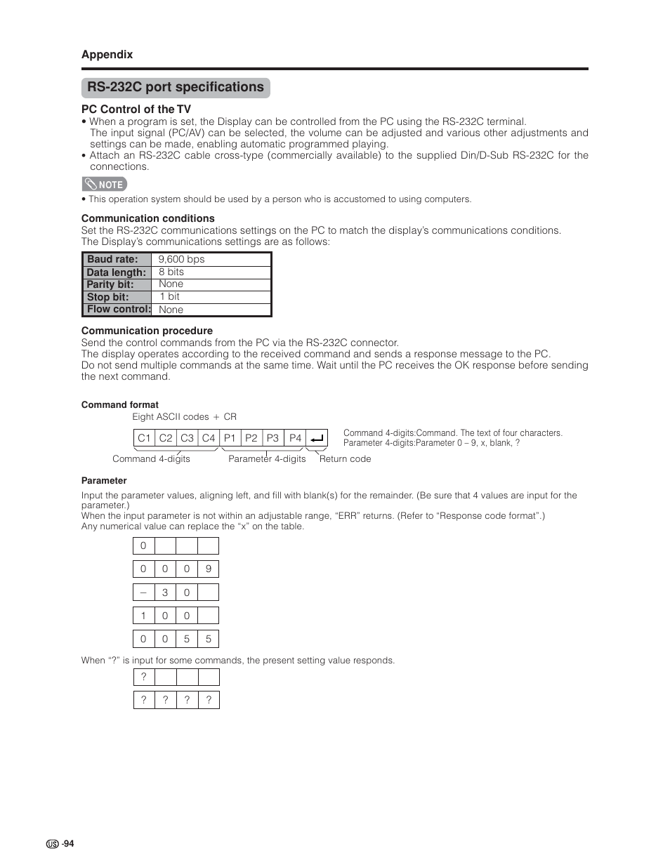 Rs-232c port specifications | Sharp Aquos LC 32GD6U User Manual | Page 95 / 104