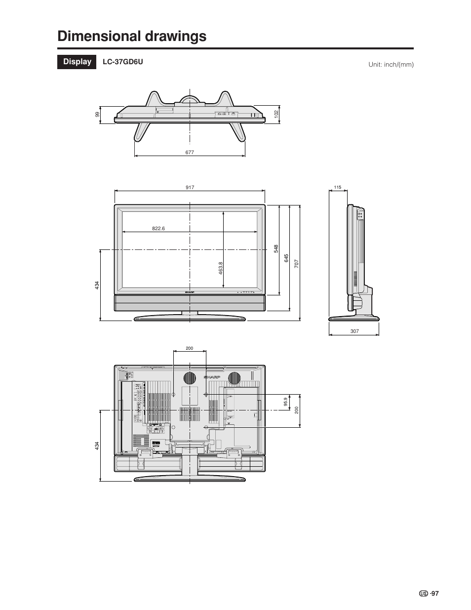 Dimensional drawings, Display | Sharp Aquos LC 32GD6U User Manual | Page 98 / 104
