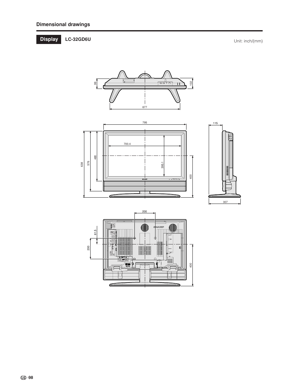 Dimensional drawings, Display, Lc-32gd6u | Unit: inch/(mm) | Sharp Aquos LC 32GD6U User Manual | Page 99 / 104