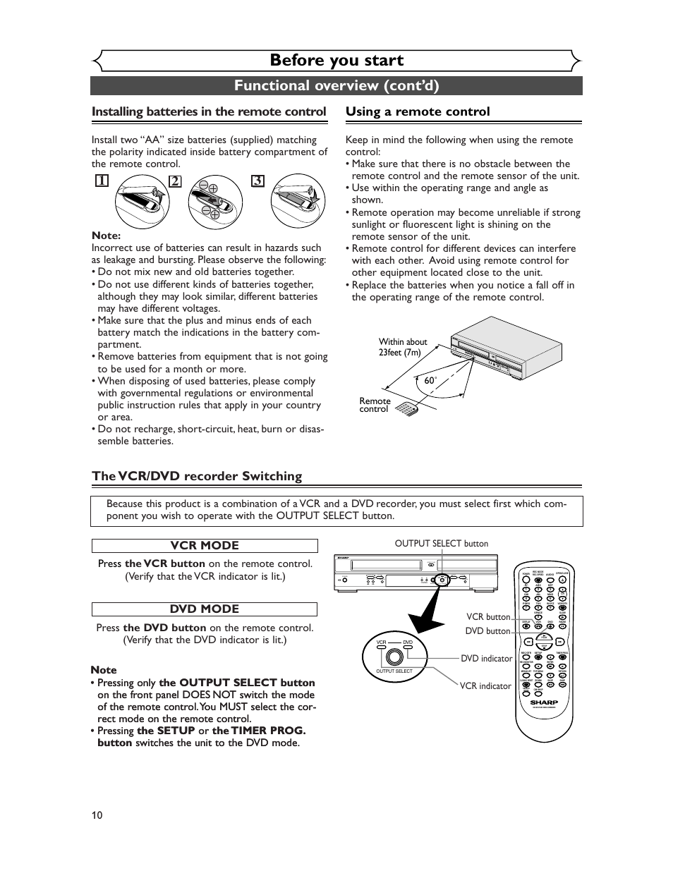 Before you start, Functional overview (cont’d), Using a remote control | Installing batteries in the remote control, The vcr/dvd recorder switching, Vcr mode, Dvd mode | Sharp DV-RW350U User Manual | Page 10 / 112