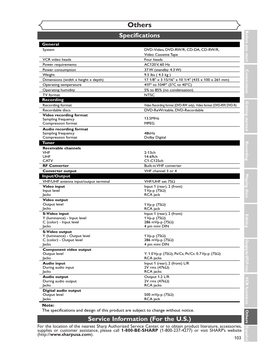 Others, Specifications, Service information (for the u.s.) | Sharp DV-RW350U User Manual | Page 103 / 112