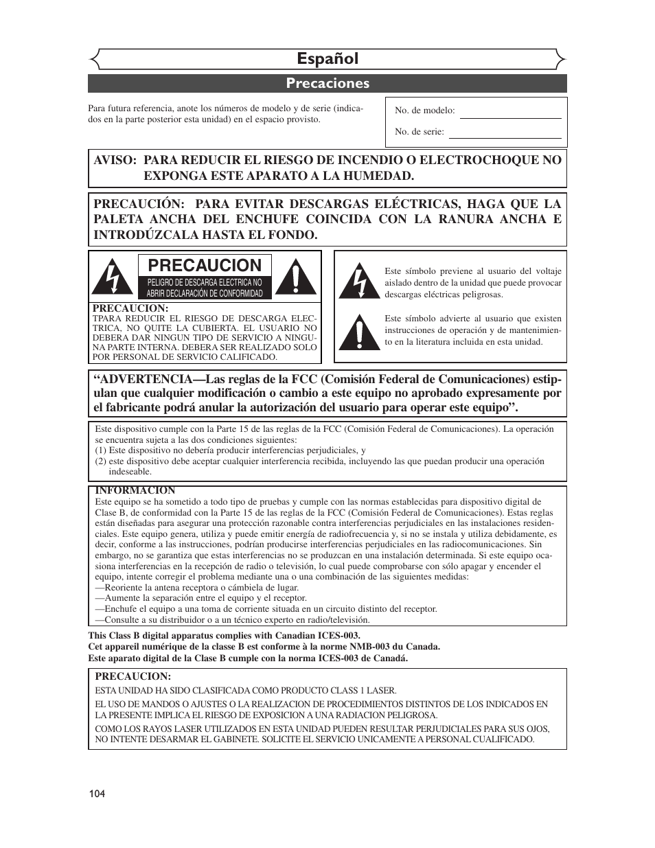 Español, Precaucion, Precaciones | Sharp DV-RW350U User Manual | Page 104 / 112