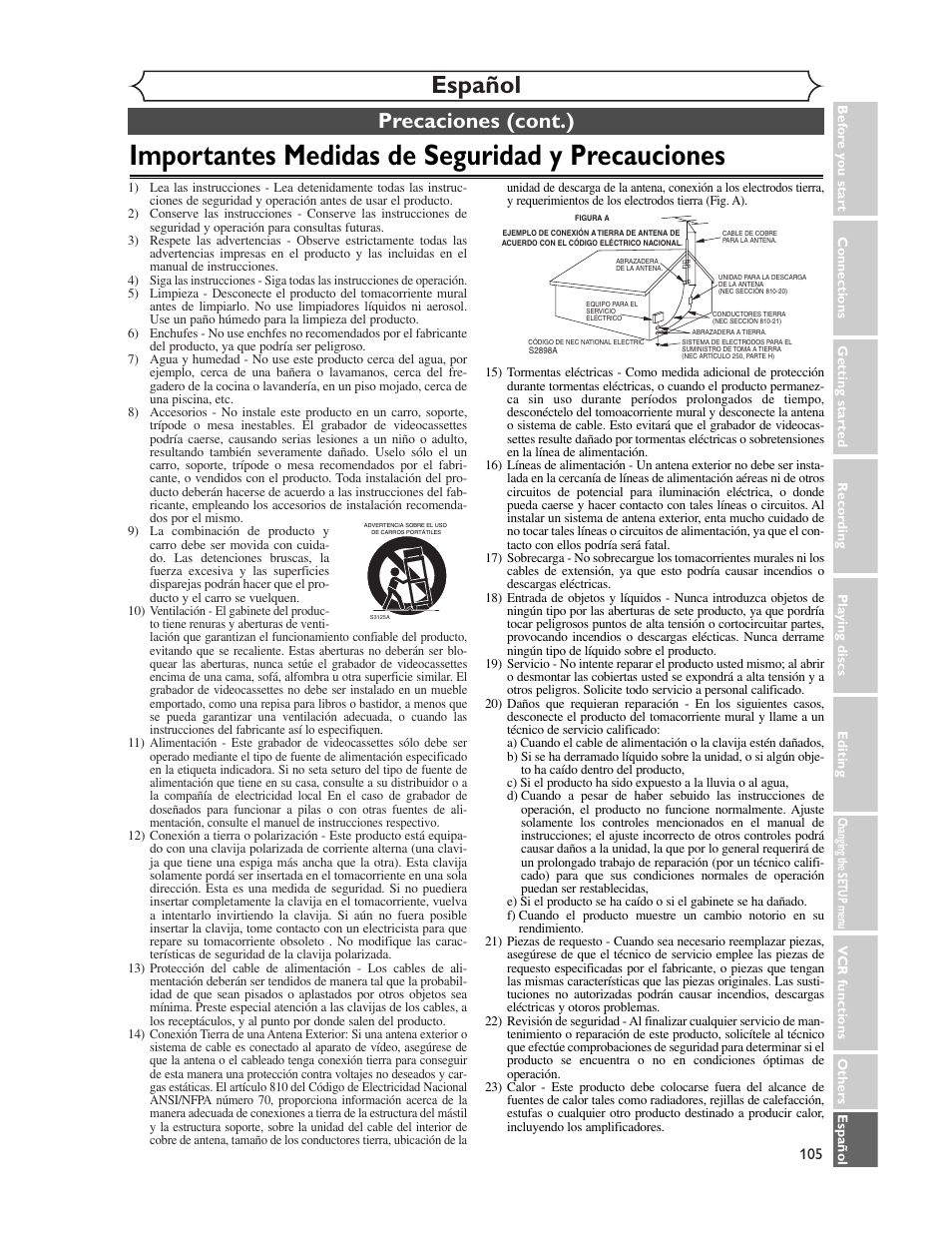 Importantes medidas de seguridad y precauciones, Español, Precaciones (cont.) | Sharp DV-RW350U User Manual | Page 105 / 112