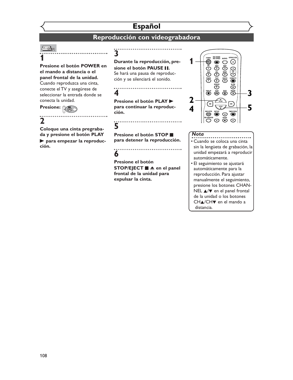 Español, Reproducción con videograbadora, Nota | Sharp DV-RW350U User Manual | Page 108 / 112