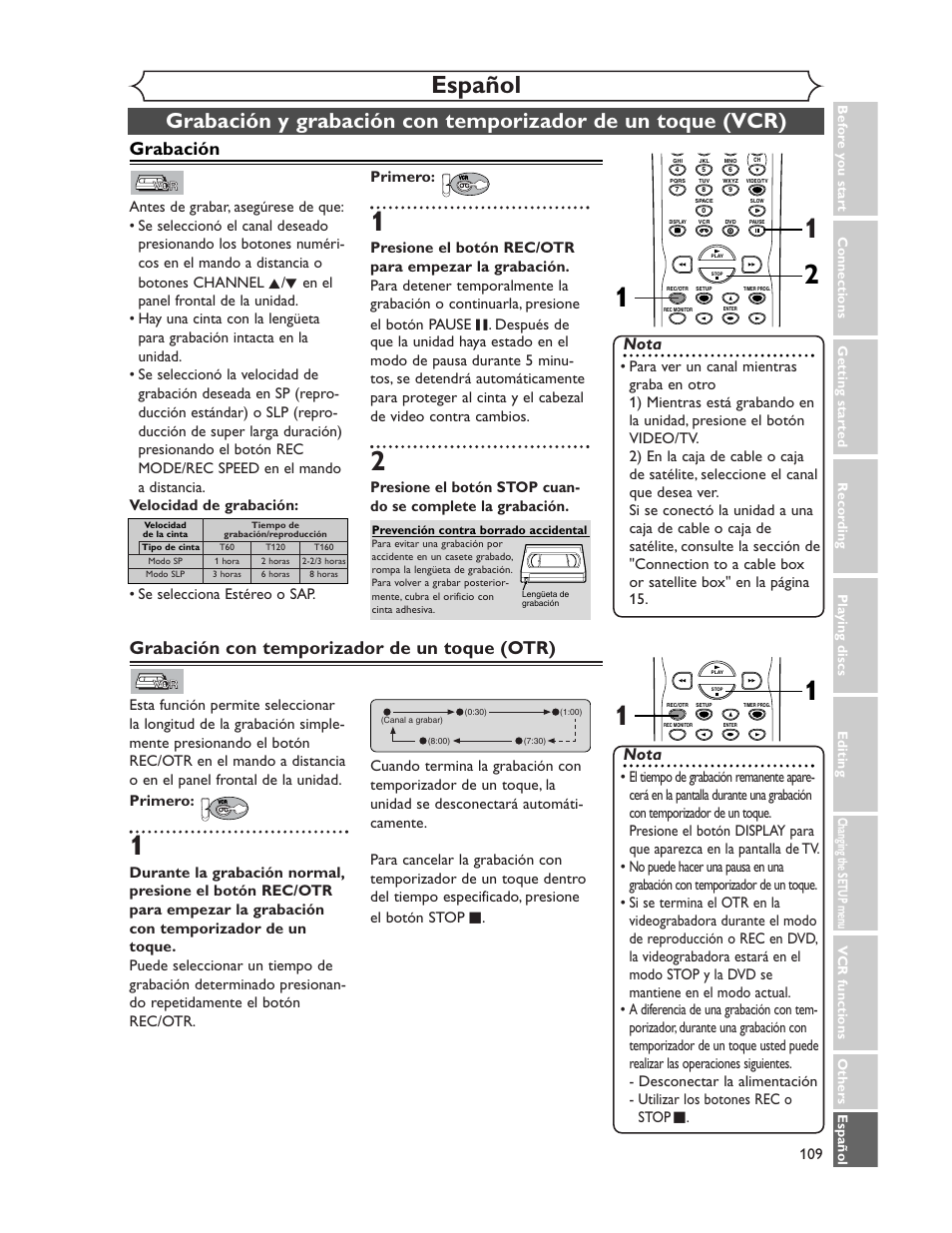 Español, Grabación con temporizador de un toque (otr), Grabación | Nota | Sharp DV-RW350U User Manual | Page 109 / 112