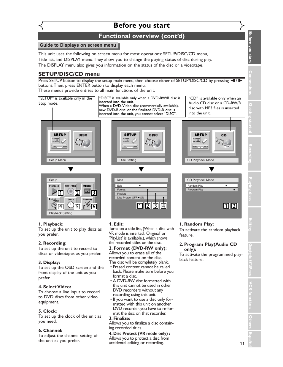 Before you start, Functional overview (cont’d), Setup/disc/cd menu | Sharp DV-RW350U User Manual | Page 11 / 112