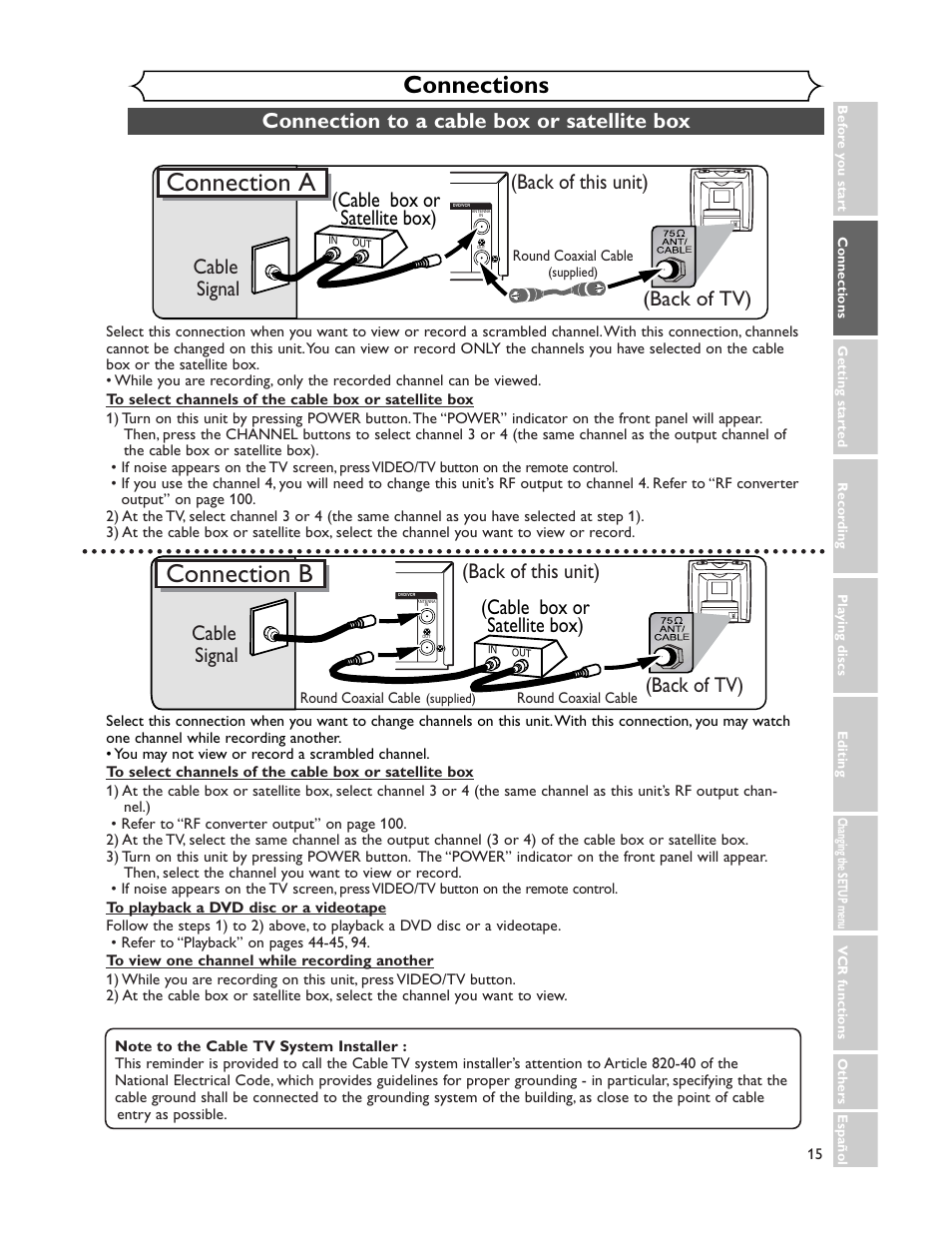 Connection a, Connection b, Connections | Back of this unit), Back of tv) cable signal, Back of tv), Cable box or satellite box), Cable signal | Sharp DV-RW350U User Manual | Page 15 / 112