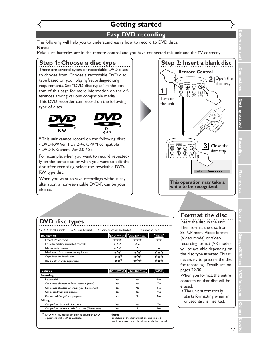 Getting started, Easy dvd recording, Step 1: choose a disc type | Step 2: insert a blank disc, Format the disc, Dvd disc types, Turn on the unit, This operation may take a while to be recognized, Vcr functions others español | Sharp DV-RW350U User Manual | Page 17 / 112