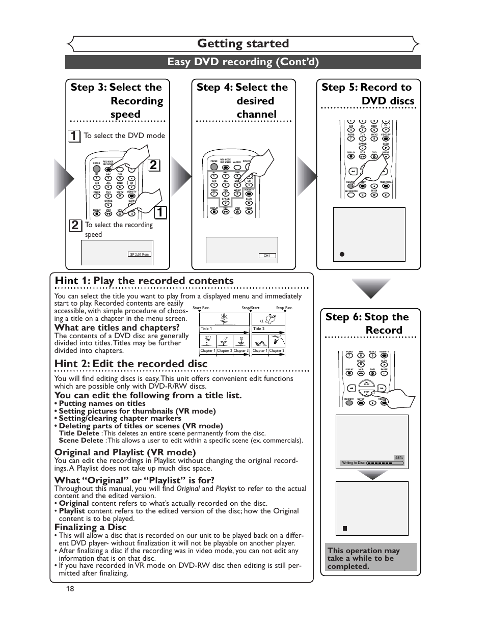 Getting started, Step 5: record to dvd discs, Step 4: select the desired channel | Step 6: stop the record, Hint 1: play the recorded contents, Hint 2: edit the recorded disc, What are titles and chapters, You can edit the following from a title list, Original and playlist (vr mode), What “original” or “playlist” is for | Sharp DV-RW350U User Manual | Page 18 / 112