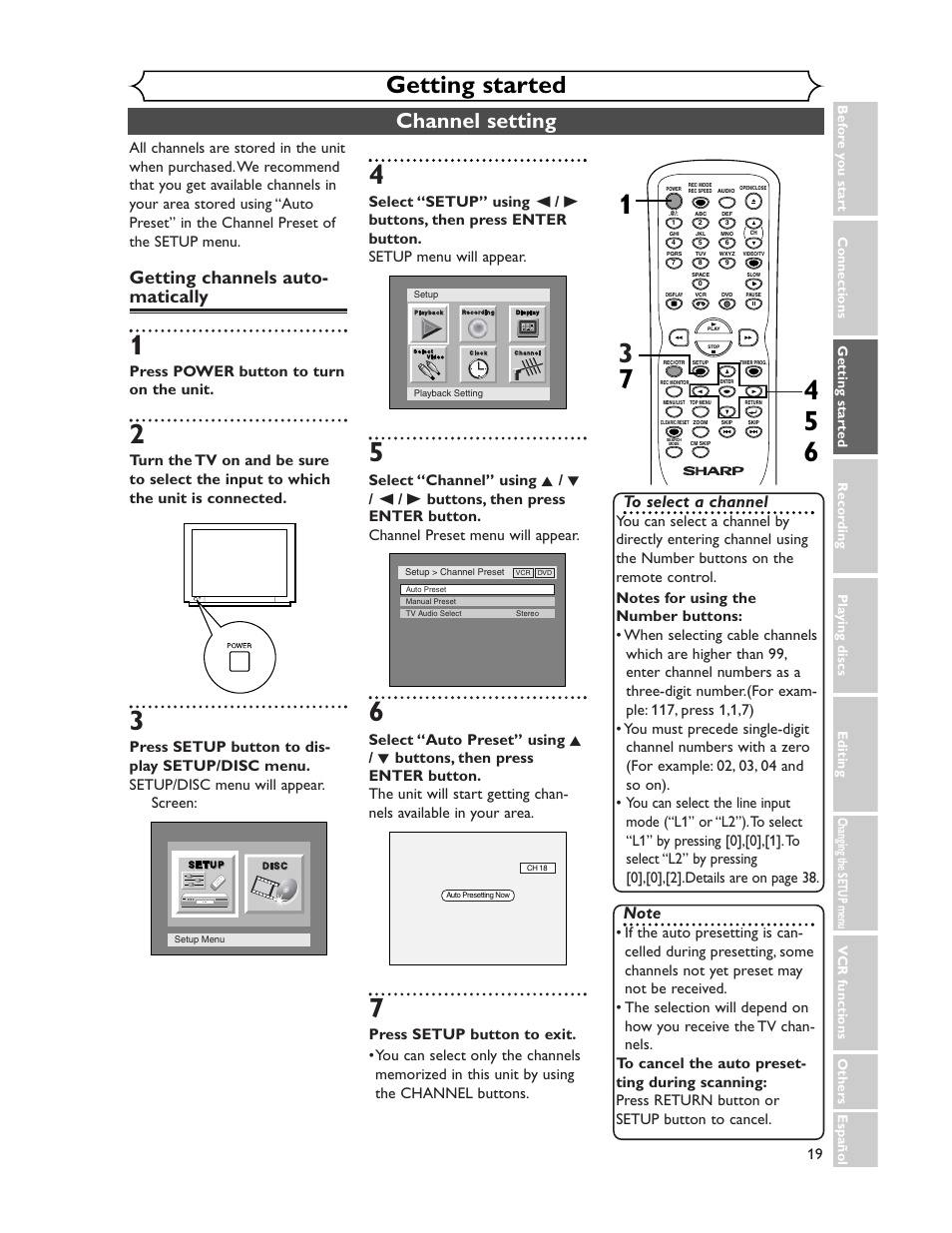 Getting started, Channel setting, Getting channels auto- matically | Press power button to turn on the unit | Sharp DV-RW350U User Manual | Page 19 / 112