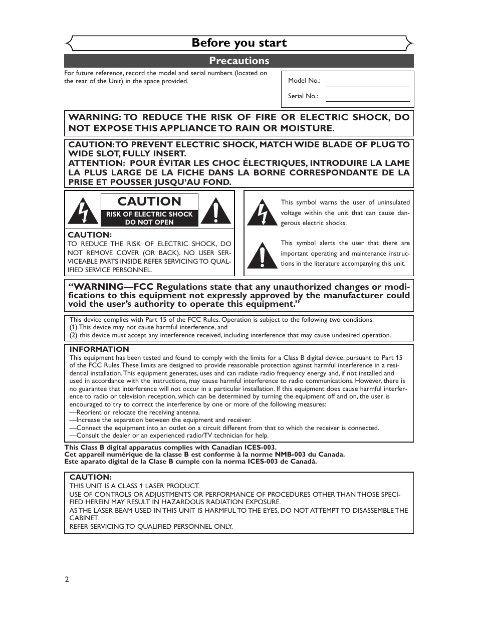 Before you start, Caution, Precautions | Sharp DV-RW350U User Manual | Page 2 / 112