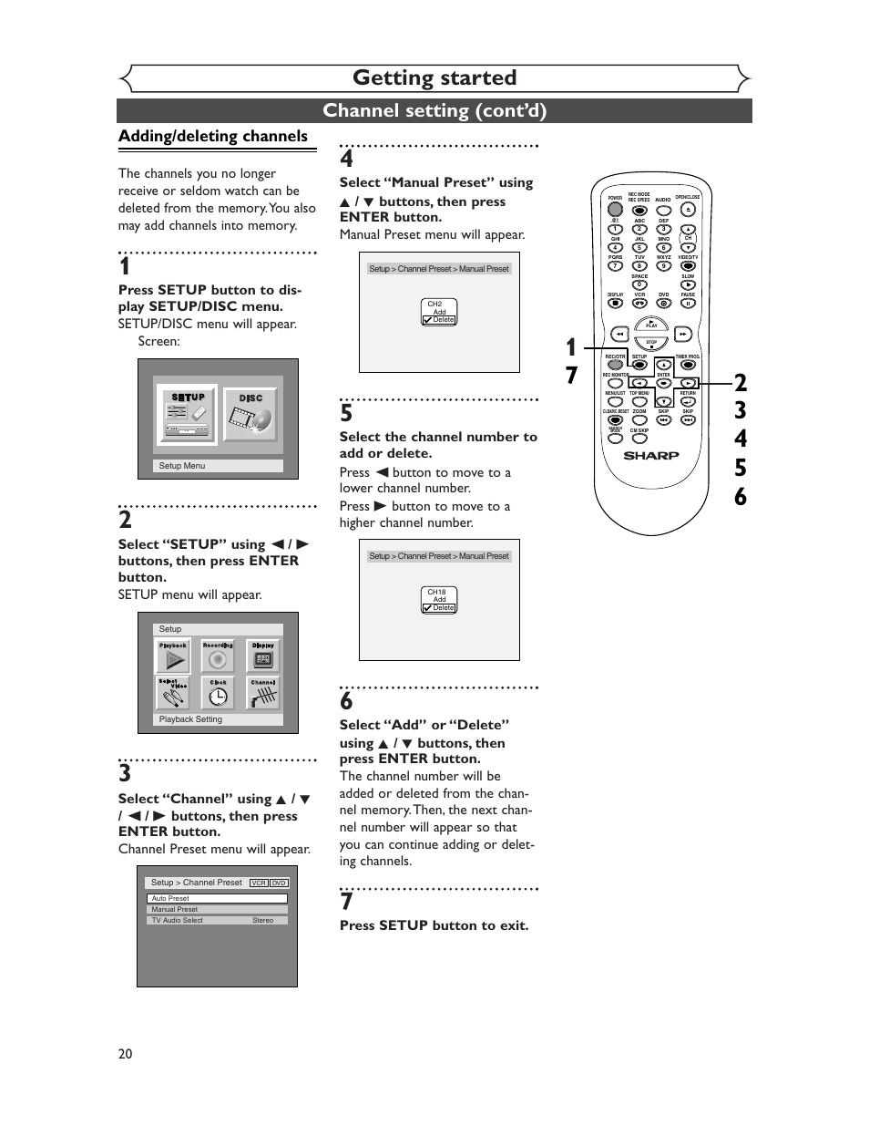 Getting started, Channel setting (cont’d), Adding/deleting channels | Press setup button to exit | Sharp DV-RW350U User Manual | Page 20 / 112