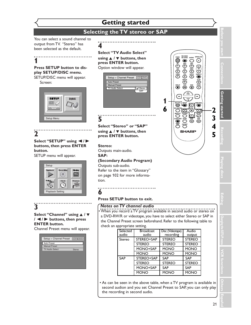 Getting started, Selecting the tv stereo or sap, Press setup button to exit | Sharp DV-RW350U User Manual | Page 21 / 112