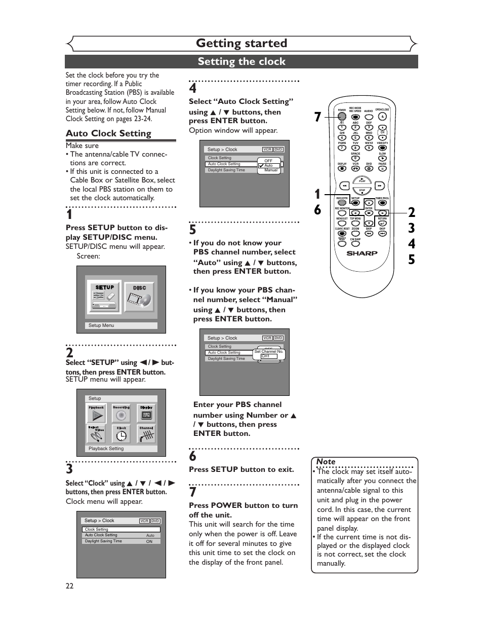 Getting started, Setting the clock, Auto clock setting | Press setup button to exit | Sharp DV-RW350U User Manual | Page 22 / 112