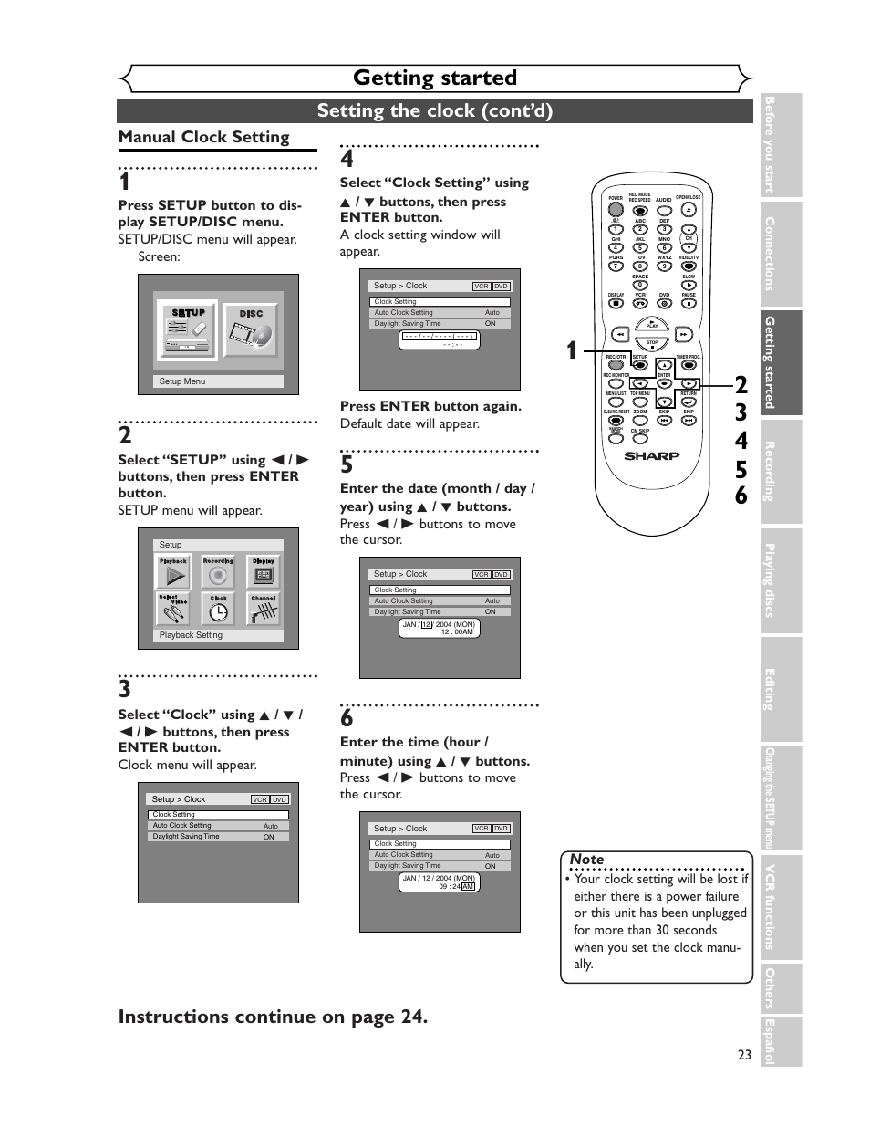 Getting started, Setting the clock (cont’d), Instructions continue on page 24 | Manual clock setting | Sharp DV-RW350U User Manual | Page 23 / 112