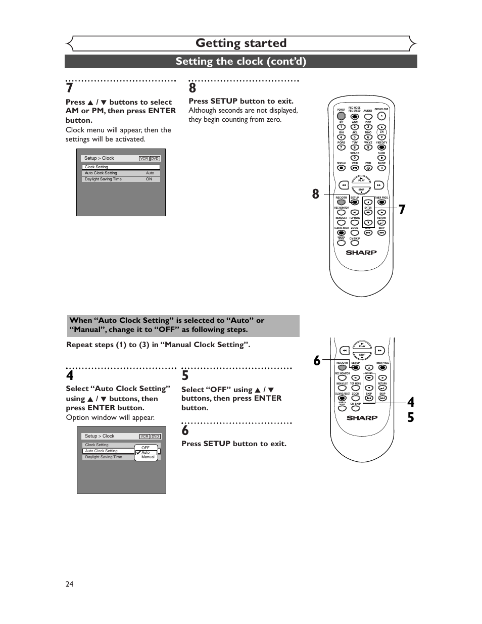 Getting started, Setting the clock (cont’d), Press setup button to exit | Sharp DV-RW350U User Manual | Page 24 / 112