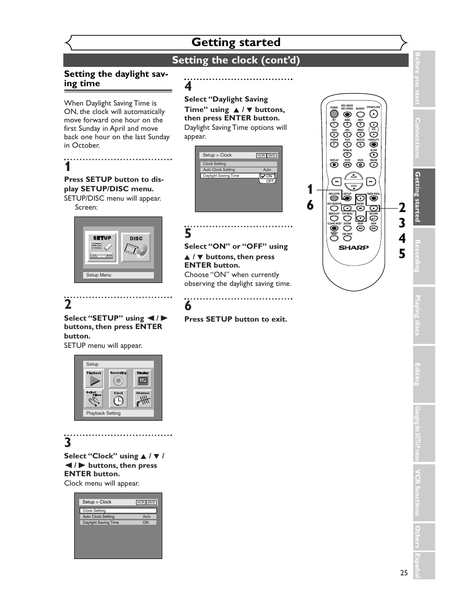 Getting started, Setting the clock (cont’d), Setting the daylight sav- ing time | Press setup button to exit, Vcr functions others español | Sharp DV-RW350U User Manual | Page 25 / 112