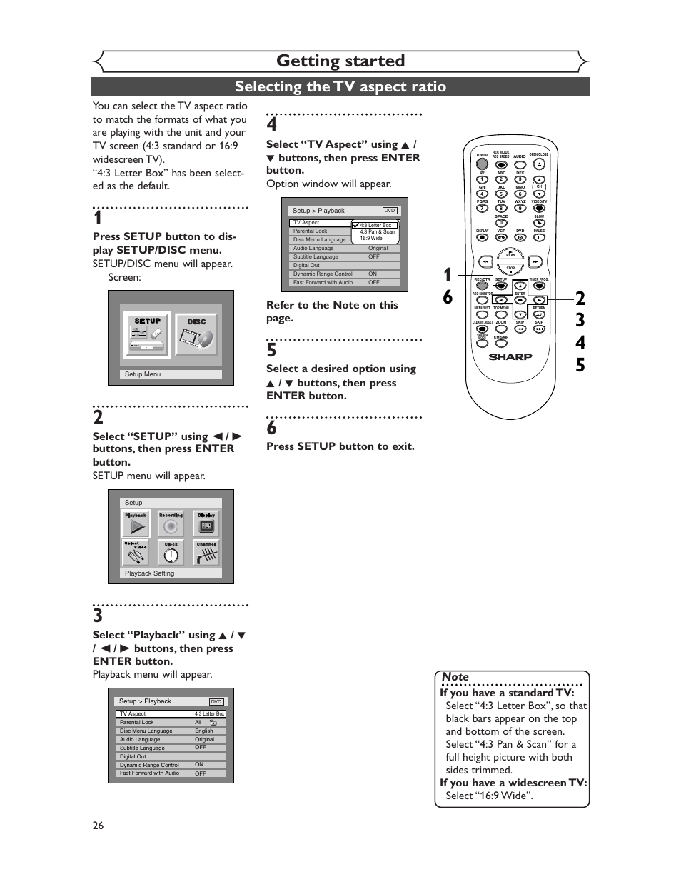 Getting started, Selecting the tv aspect ratio, Press setup button to exit | Sharp DV-RW350U User Manual | Page 26 / 112