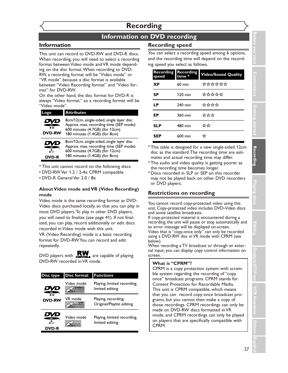 Recording, Information on dvd recording, Information | Recording speed, Restrictions on recording | Sharp DV-RW350U User Manual | Page 27 / 112