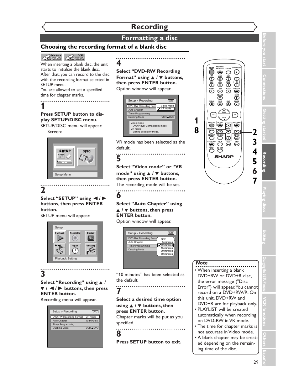 Recording, Formatting a disc, Choosing the recording format of a blank disc | Press setup button to exit | Sharp DV-RW350U User Manual | Page 29 / 112