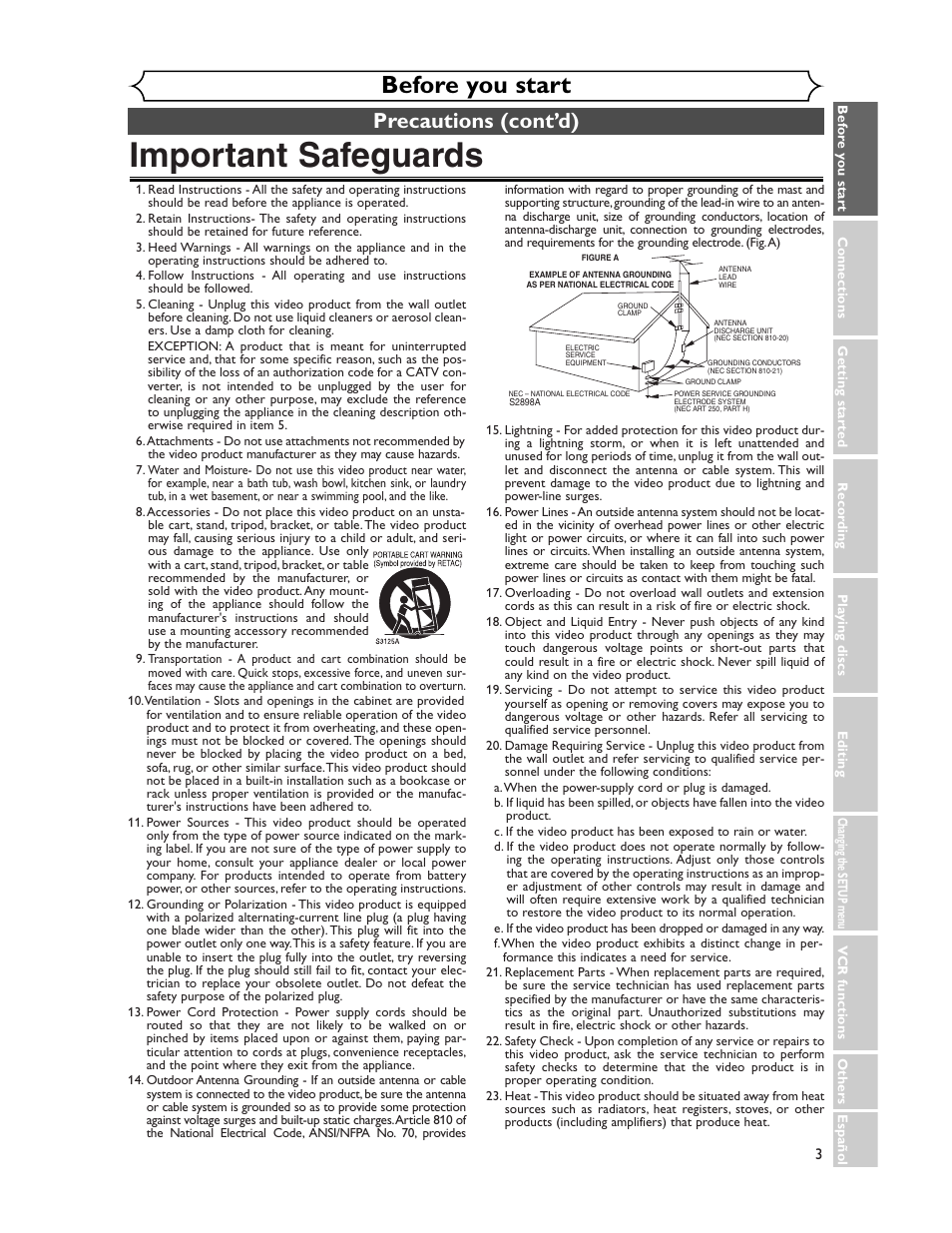 Important safeguards, Before you start, Precautions (cont’d) | Sharp DV-RW350U User Manual | Page 3 / 112