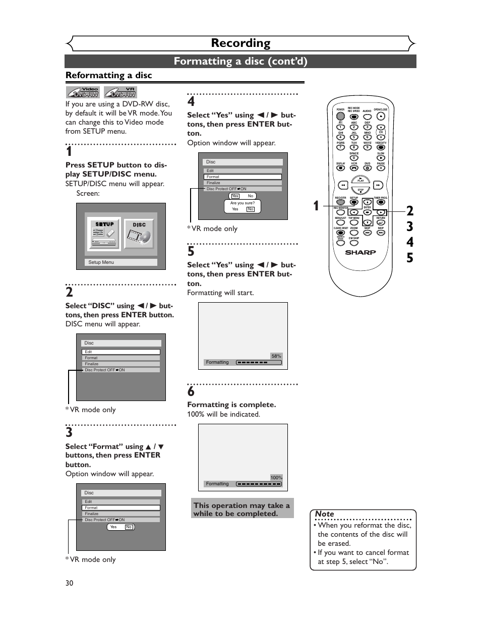 Recording, Formatting a disc (cont’d), Reformatting a disc | Sharp DV-RW350U User Manual | Page 30 / 112