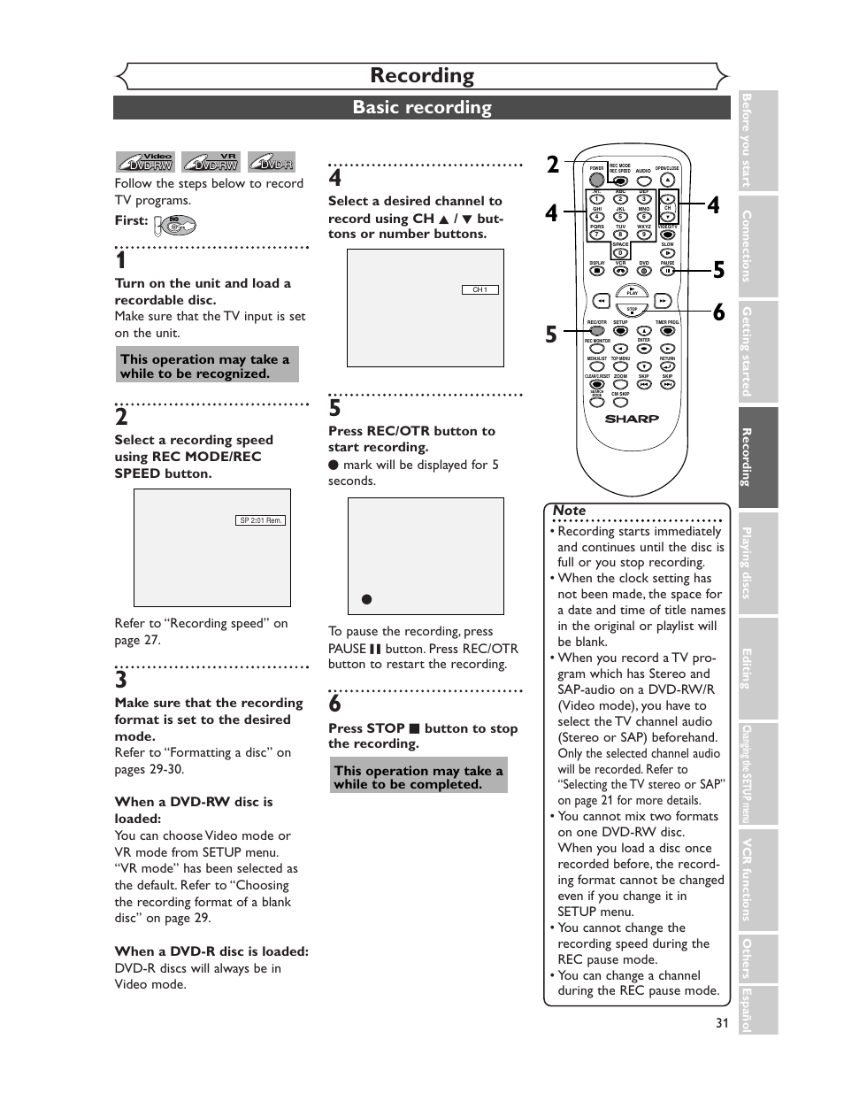 Recording, Basic recording | Sharp DV-RW350U User Manual | Page 31 / 112