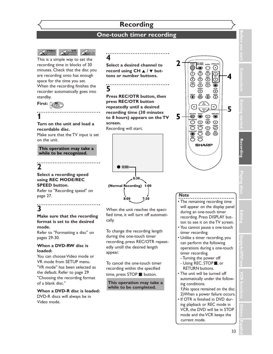 Recording, One-touch timer recording, This operation may take a while to be recognized | Sharp DV-RW350U User Manual | Page 33 / 112