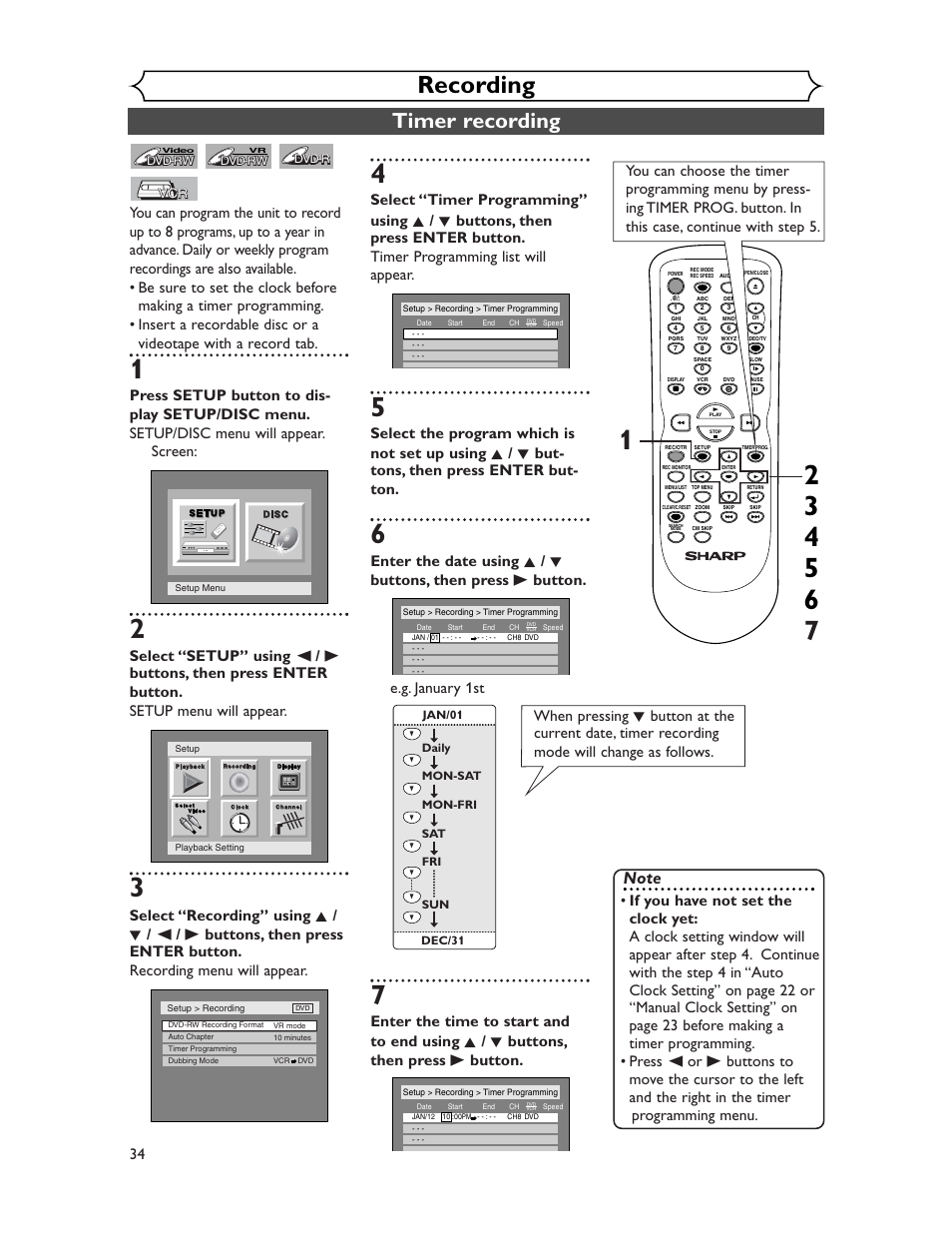 Recording, Timer recording | Sharp DV-RW350U User Manual | Page 34 / 112