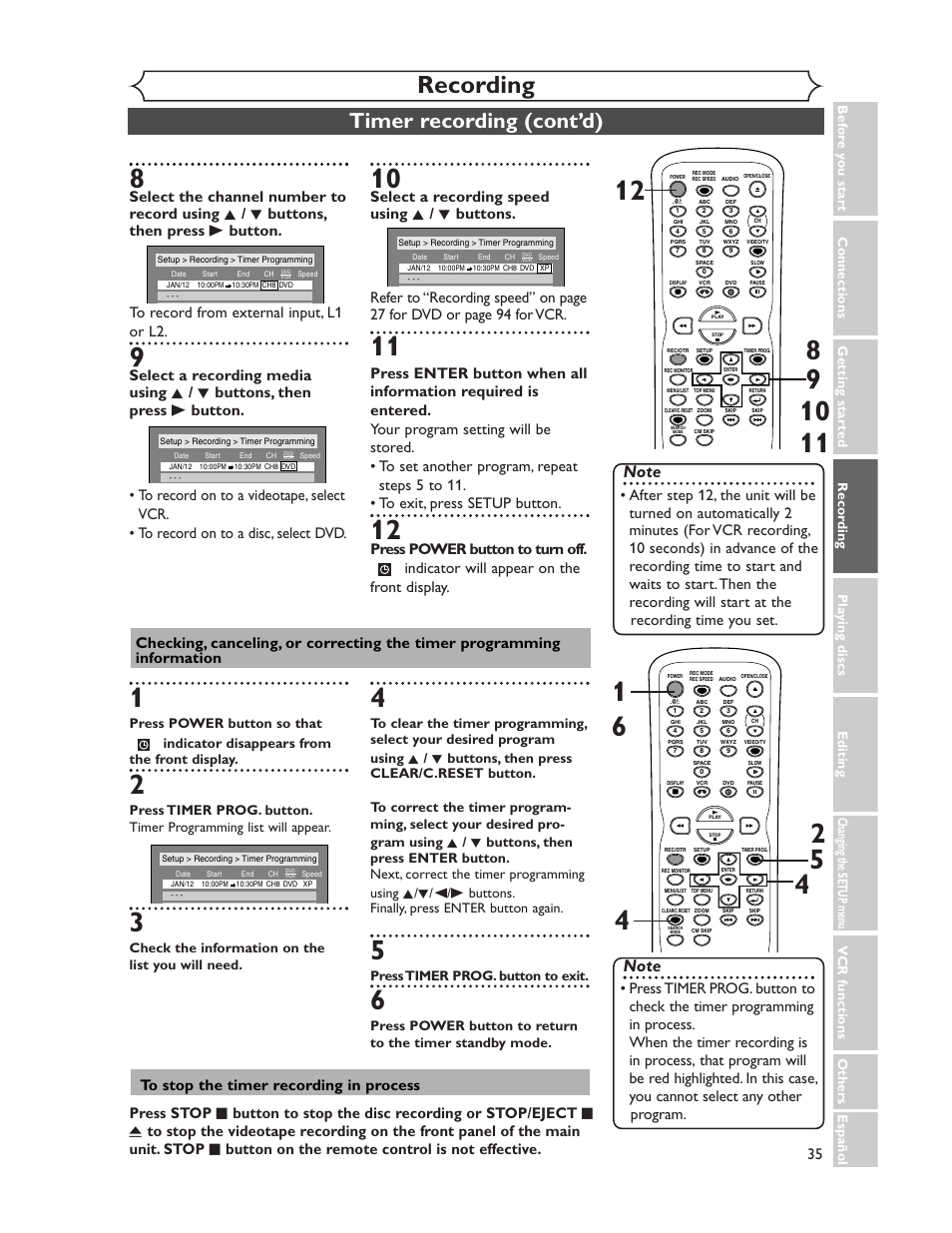 Recording, Timer recording (cont’d), Vcr functions others español | Check the information on the list you will need, Press timer prog. button to exit | Sharp DV-RW350U User Manual | Page 35 / 112