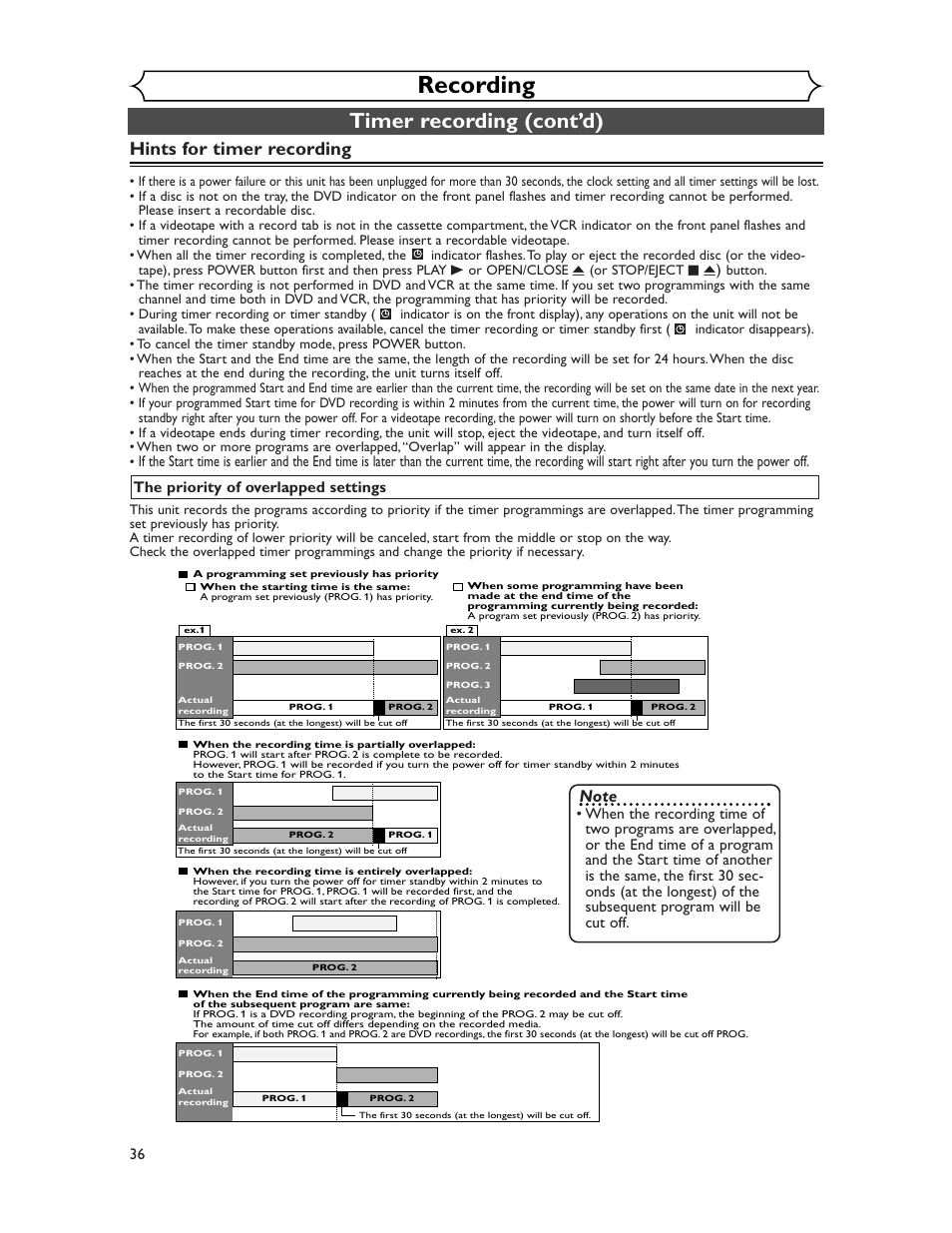 Recording, Timer recording (cont’d), Hints for timer recording | The priority of overlapped settings 36 | Sharp DV-RW350U User Manual | Page 36 / 112