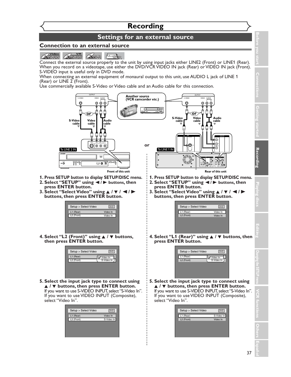 Recording, Settings for an external source, Connection to an external source | B buttons, Audio out digital audio out, Component video out | Sharp DV-RW350U User Manual | Page 37 / 112