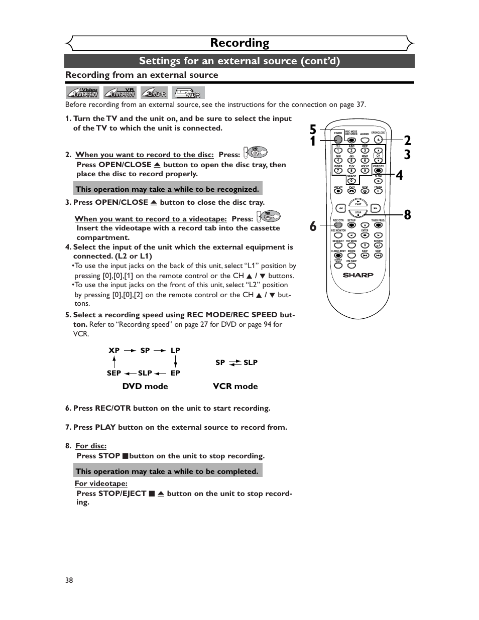 Recording, Settings for an external source (cont’d), Recording from an external source | Vcr mode, Dvd mode, This operation may take a while to be recognized | Sharp DV-RW350U User Manual | Page 38 / 112