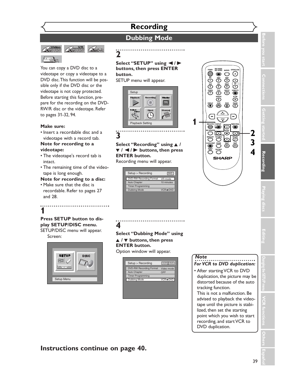 Recording, Dubbing mode, Instructions continue on page 40 | Sharp DV-RW350U User Manual | Page 39 / 112