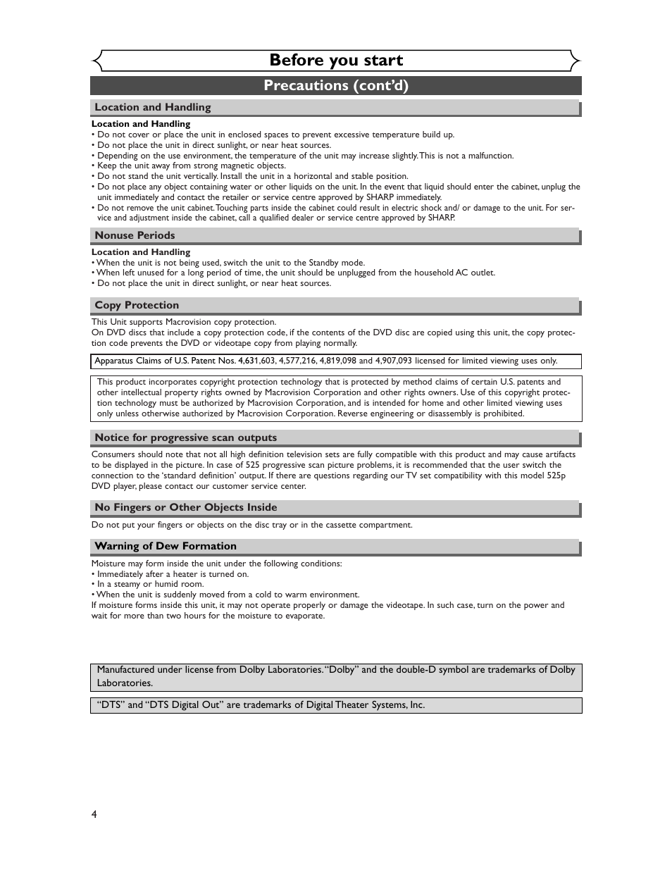 Before you start, Precautions (cont’d) | Sharp DV-RW350U User Manual | Page 4 / 112