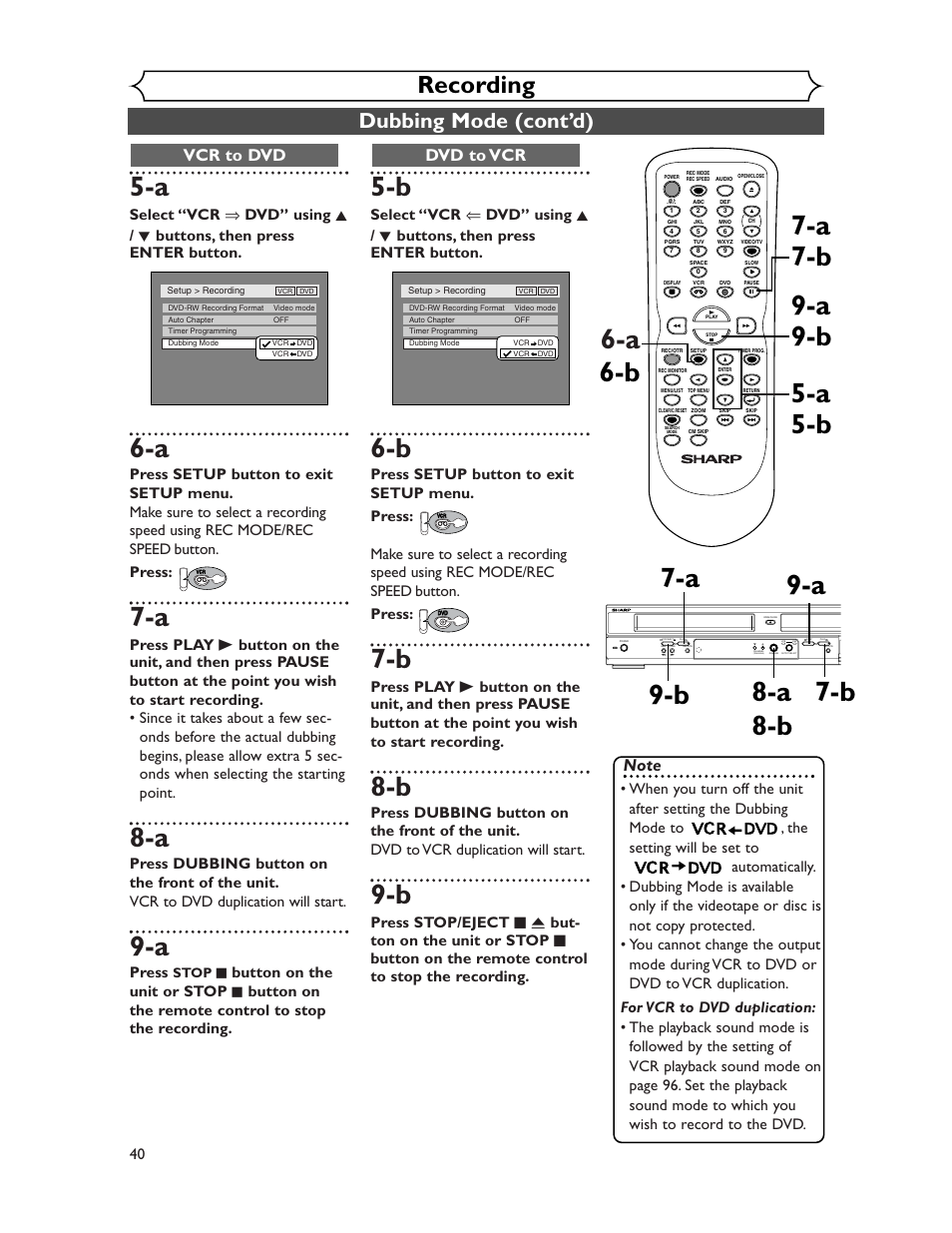 A 5-a 5-b 6-b, Recording, Dubbing mode (cont’d) | Dvd to vcr, Vcr to dvd, Press, Button on the unit or stop, Button on the remote control to stop the recording | Sharp DV-RW350U User Manual | Page 40 / 112