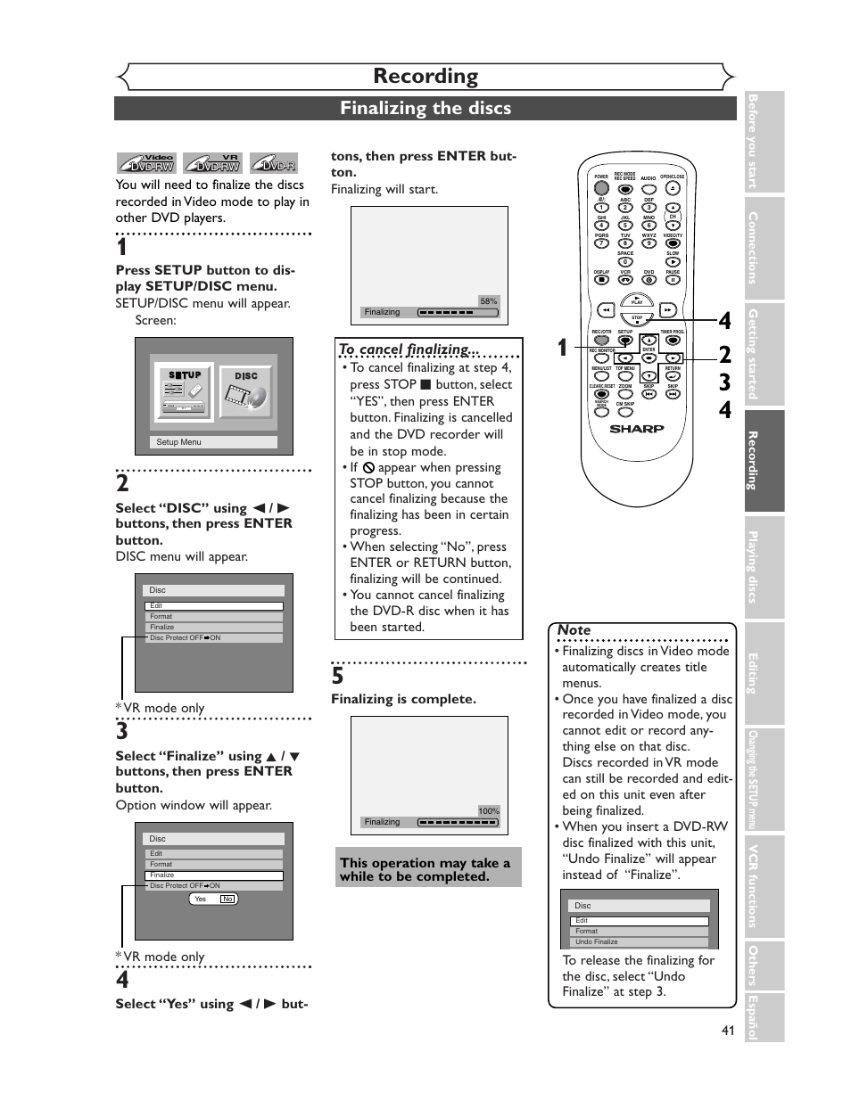 Recording, Finalizing the discs | Sharp DV-RW350U User Manual | Page 41 / 112