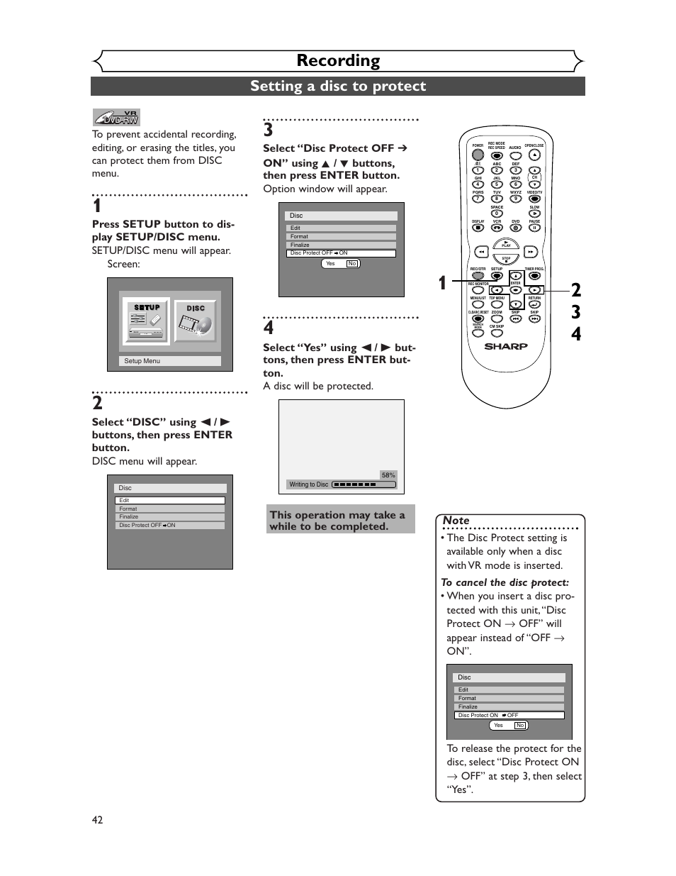 Recording, Setting a disc to protect | Sharp DV-RW350U User Manual | Page 42 / 112