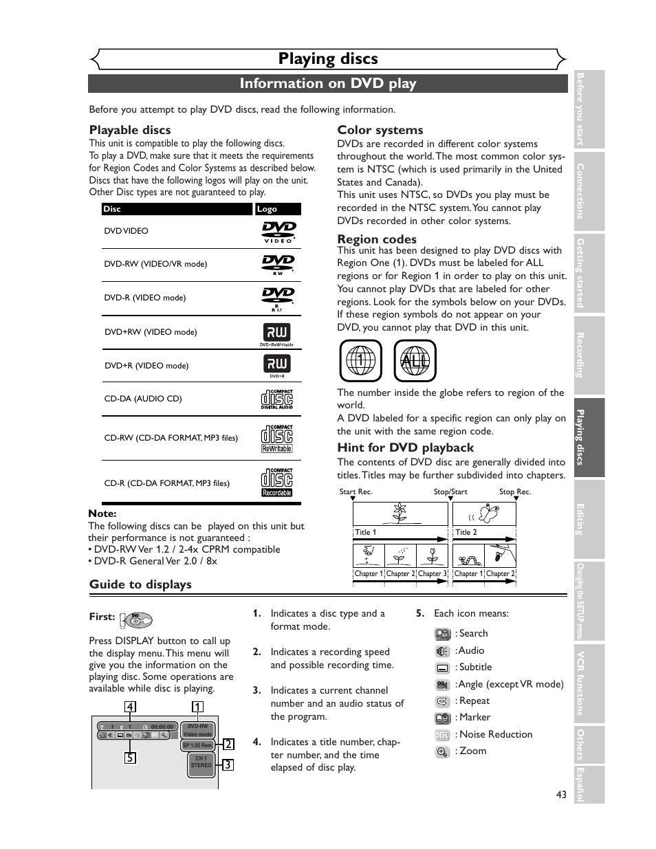 Playing discs, Information on dvd play, Playable discs | Color systems, Region codes, Hint for dvd playback, Guide to displays | Sharp DV-RW350U User Manual | Page 43 / 112