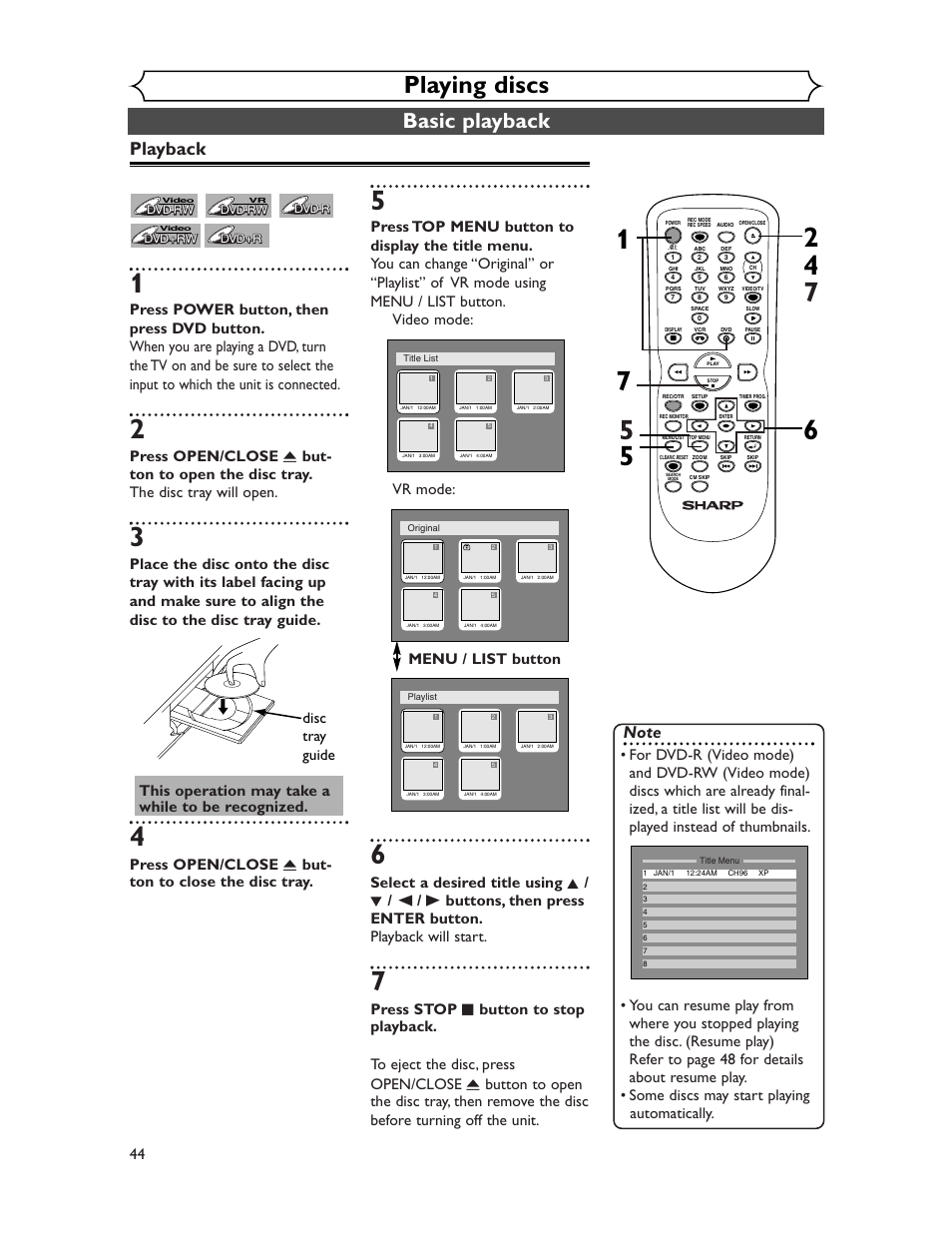 Playing discs, Basic playback, Playback | Press open/close a but- ton to close the disc tray | Sharp DV-RW350U User Manual | Page 44 / 112