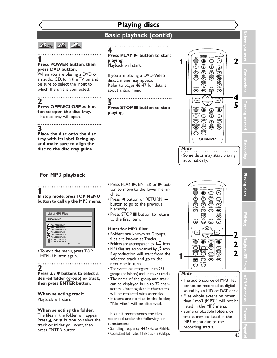 Playing discs, Basic playback (cont’d), For mp3 playback | Press stop c button to stop playing, Some discs may start playing automatically | Sharp DV-RW350U User Manual | Page 45 / 112