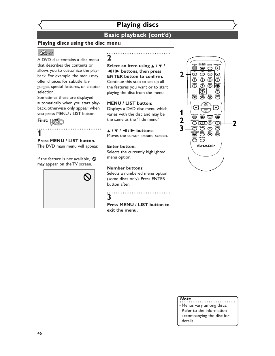 Playing discs, Basic playback (cont’d), Playing discs using the disc menu | Press menu / list button to exit the menu | Sharp DV-RW350U User Manual | Page 46 / 112