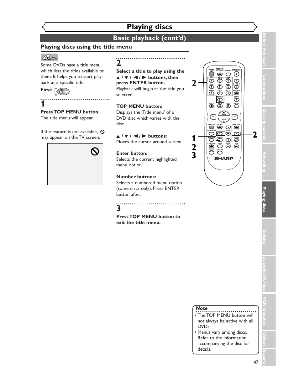 Playing discs, Basic playback (cont’d), Playing discs using the title menu | Press top menu button to exit the title menu | Sharp DV-RW350U User Manual | Page 47 / 112