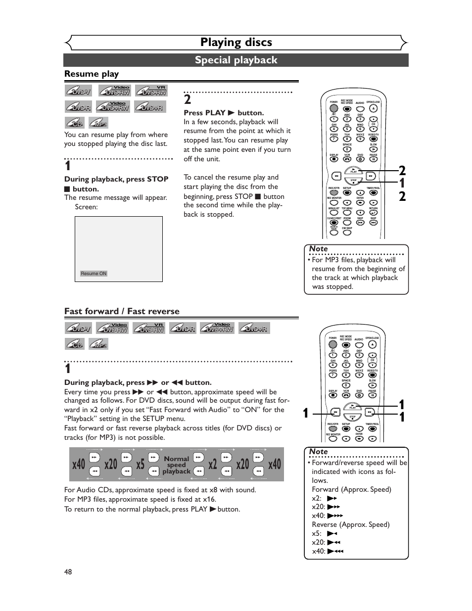 Playing discs, Special playback, Resume play | Fast forward / fast reverse, Normal speed playback | Sharp DV-RW350U User Manual | Page 48 / 112